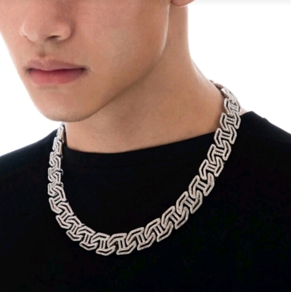 Elegant Iced Out Fully Rhinestone Figaro H-shape Silver Chain Necklace 22" - Picture 2 of 11